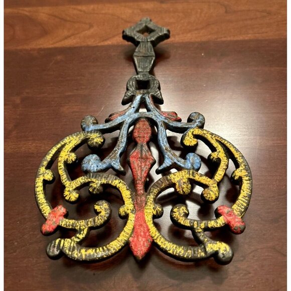 Vintage Cast Iron Trivet Footed Black Paint Red Blue Yellow Kitchen MCM Colonial - Picture 1 of 5